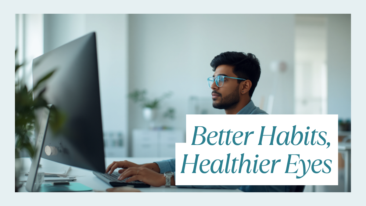 Man wearing computer glasses practising healthy screen habits to reduce eye strain