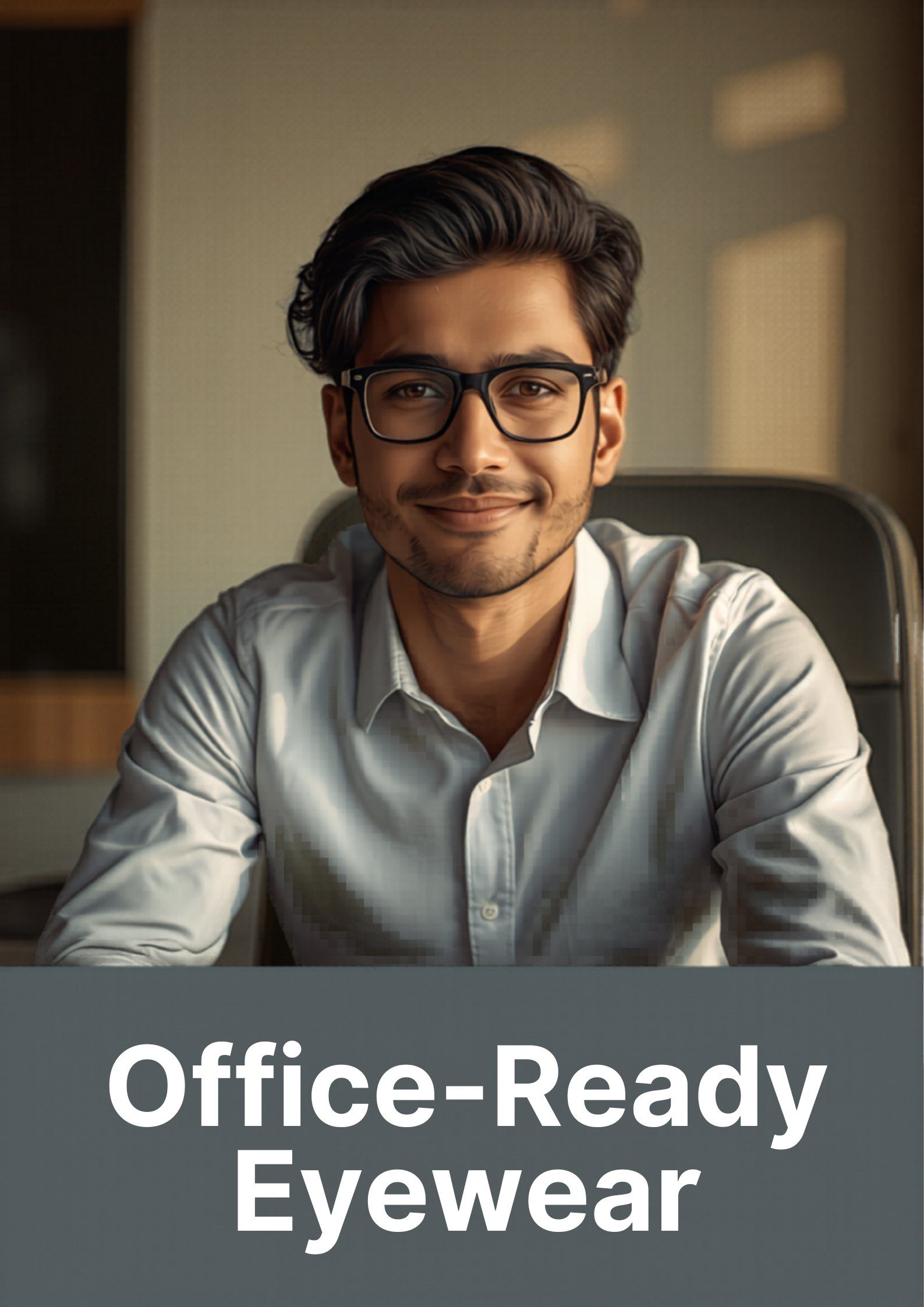 Bangladeshi professional man wearing stylish rectangular glasses at office desk