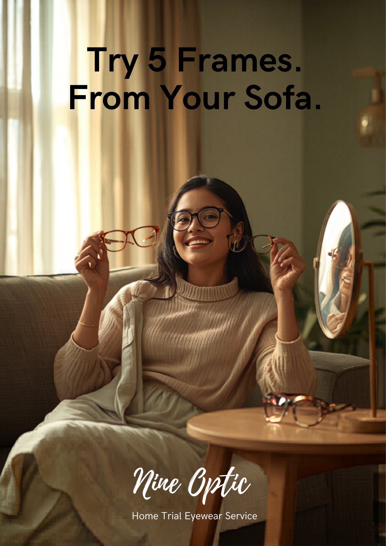 Bangladeshi woman trying on eyeglass frames at home with Nine Optic home trial service
