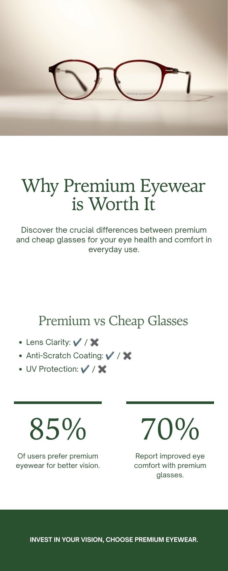 Infographic comparing what you get with premium vs cheap eyeglasses in Bangladesh