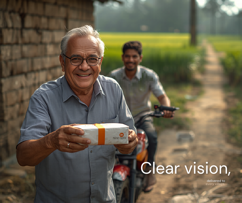 Nine Optic delivery person handing an eyeglasses parcel to a customer in a Bangladeshi village