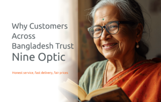 Happy older Bangladeshi woman reading with her new Nine Optic reading glasses