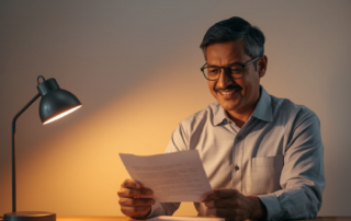 Bangladeshi man reading comfortably with Nine Optic reading glasses, find reading power by age