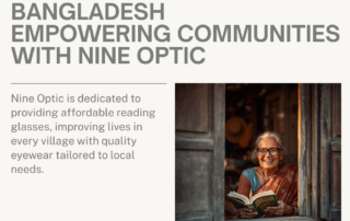 Rural Bangladeshi grandmother reading with Nine Optic reading glasses by a window