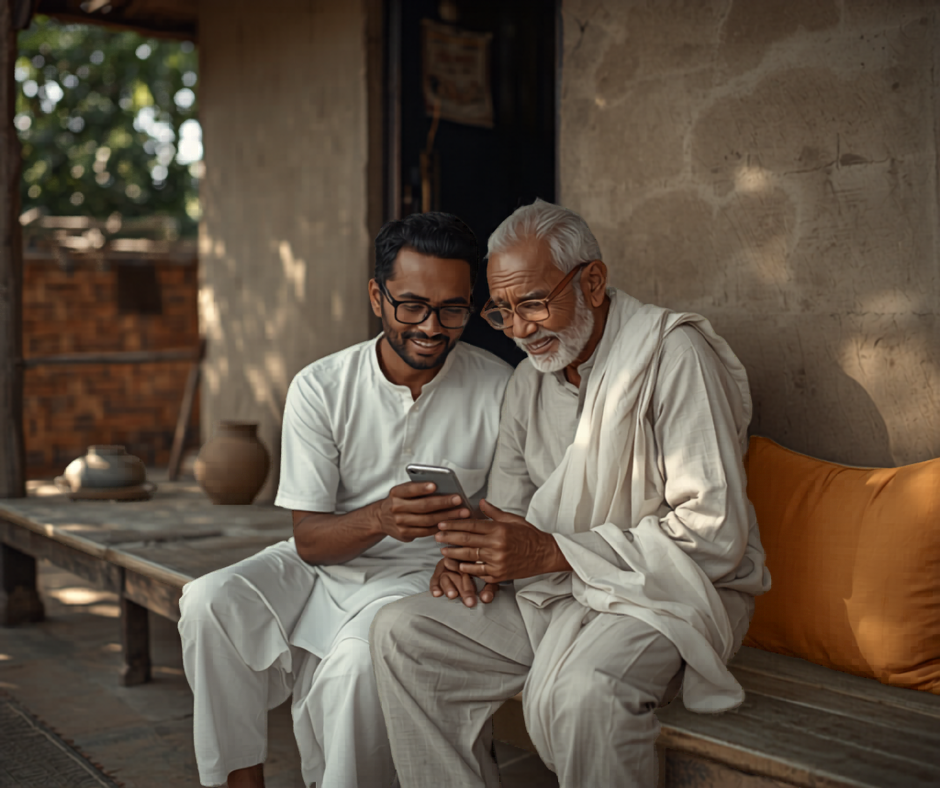 A son helping his elderly father order reading glasses on a phone on a village veranda in Bangladesh