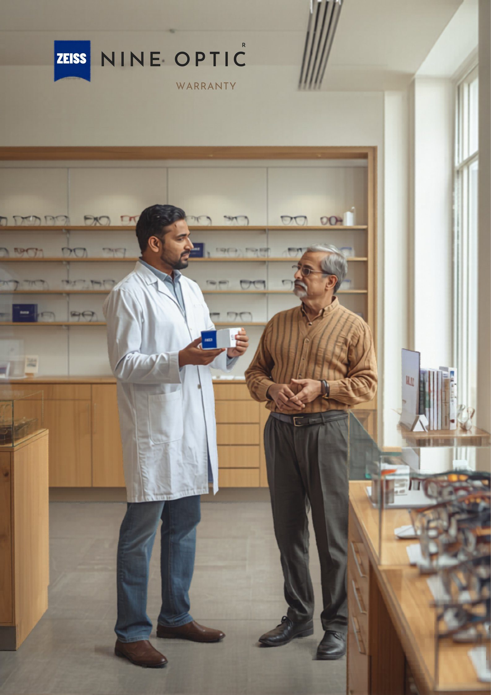 Professional optician presenting authentic ZEISS lenses to customer in Bangladesh optical shop