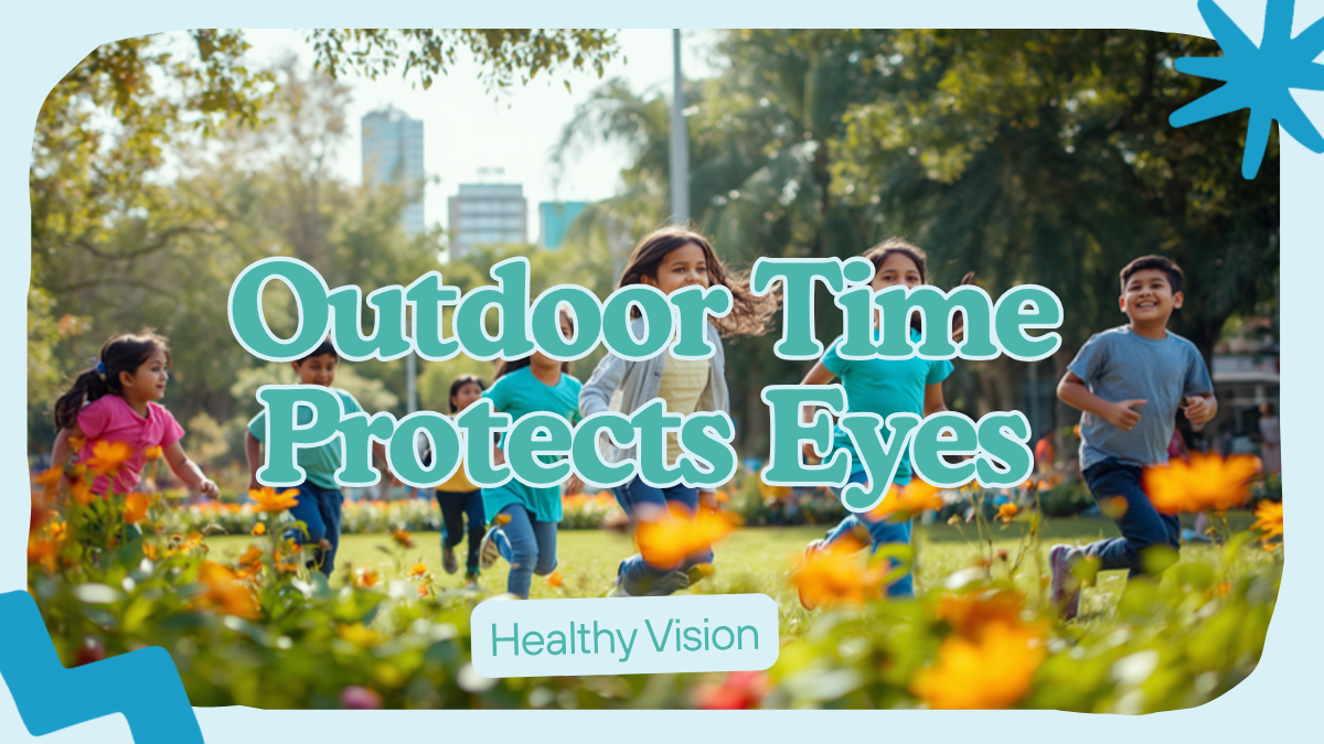 Children playing outdoors in daylight, which protects eyesight and slows myopia