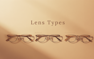 Three pairs of eyeglasses labelled single vision, bifocal and progressive lens types