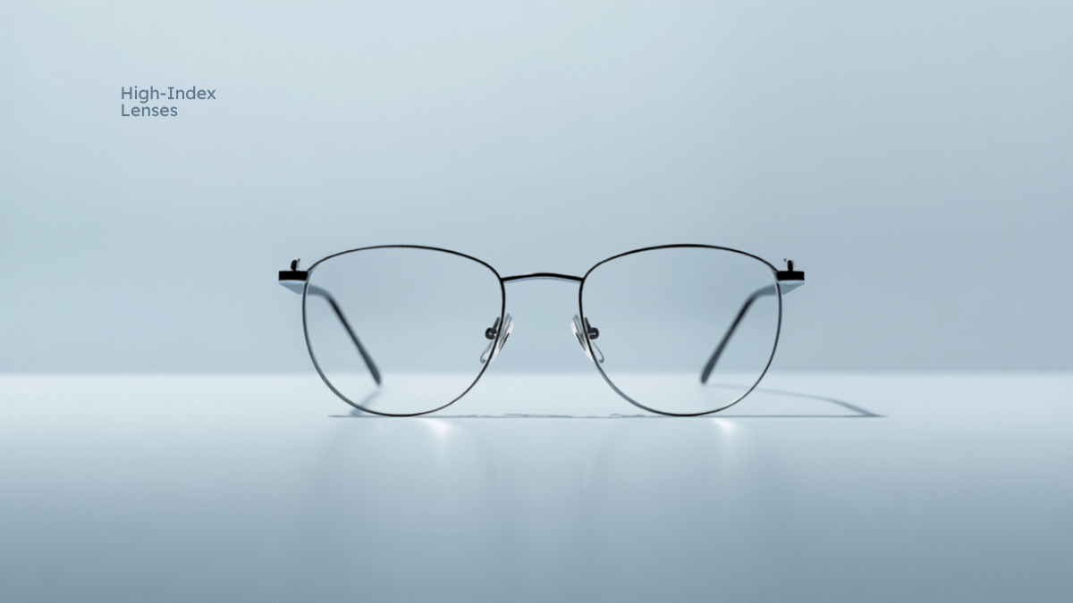 Sleek thin metal-frame glasses on an icy blue surface, illustrating high-index lenses that are thinner and lighter