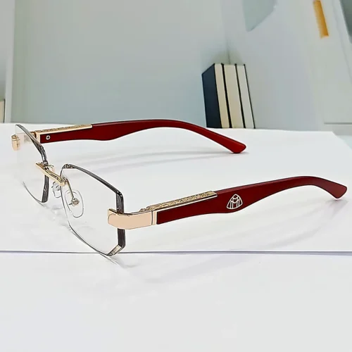 N-104 Wooden Rose gold rimless reading glasses with rose-wood temples — front view
